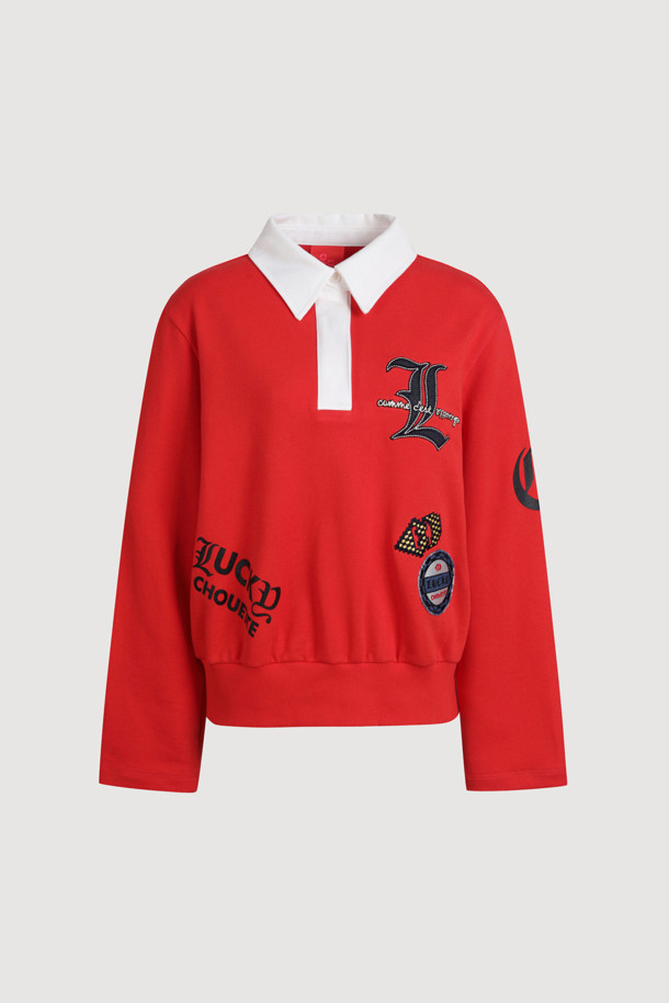 LUCKY CHOUETTE - 긴소매 티셔츠 - Embroidered Point Collar Long-Sleeved T-shirt (red)