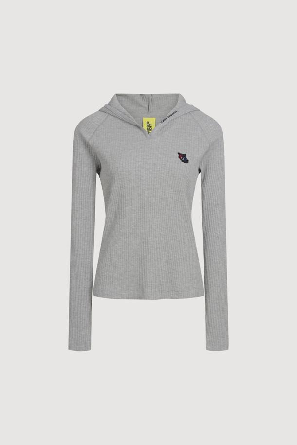 LUCKY CHOUETTE - 후디 - [Re-Order] Embroidered Point Rib Hooded T-shirt (melange grey)