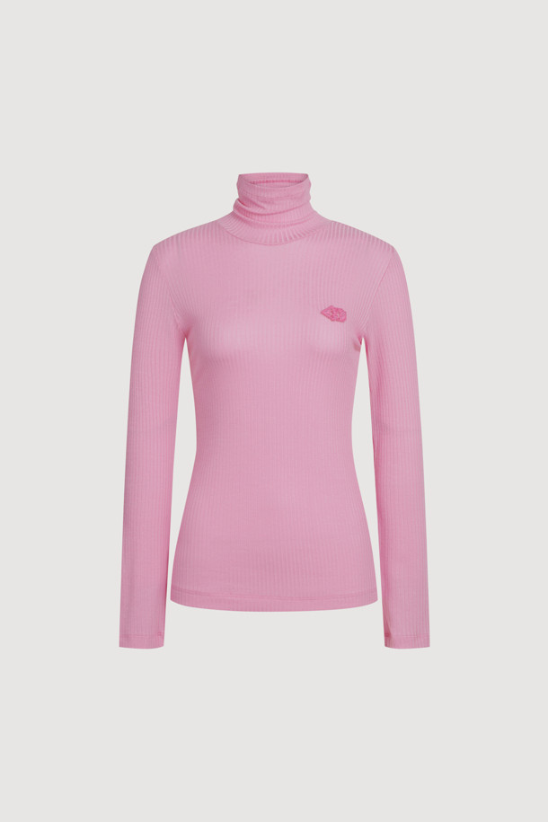 LUCKY CHOUETTE - 긴소매 티셔츠 - Embroidered Point Rib Turtleneck T-shirt (pink)