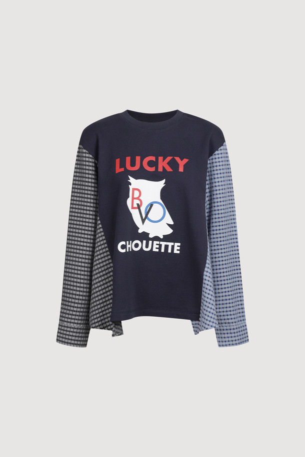 LUCKY CHOUETTE - 긴소매 티셔츠 - Checkered Sleeve MIX Long-Sleeved T-Shirt (dark navy)