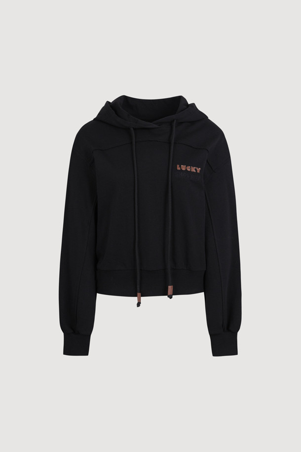 LUCKY CHOUETTE - 후디 - Embroidery Point Cropped Hoodie T-shirt (black)