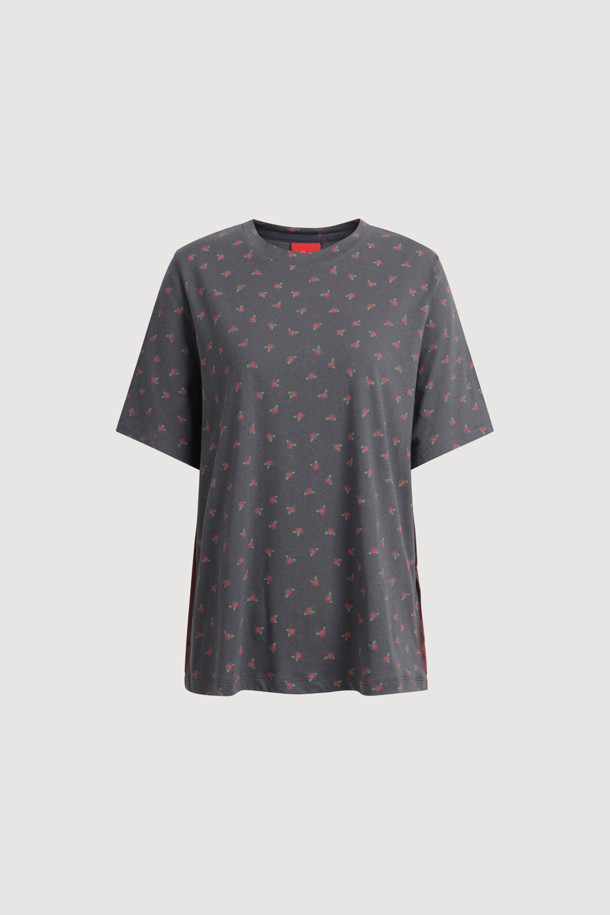 LUCKY CHOUETTE - 반소매 티셔츠 - Flower Print Basic Half Sleeve T-shirt (dark grey)