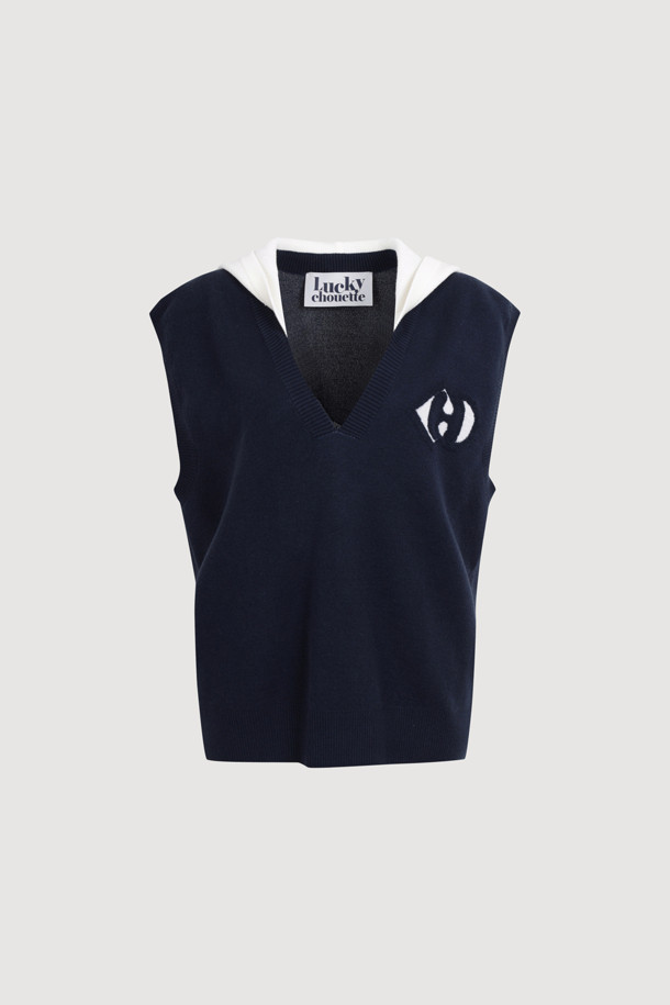 LUCKY CHOUETTE - 베스트 - Coloring Hooded Knit Vest (navy)