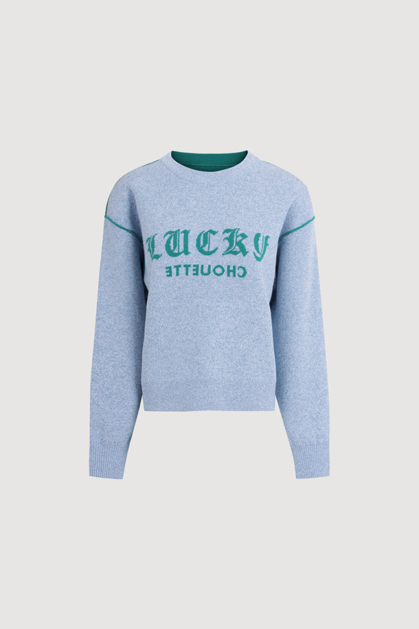 LUCKY CHOUETTE - 스웨터 - Reversible Lettering Round Neck Knit Pullover (blue)