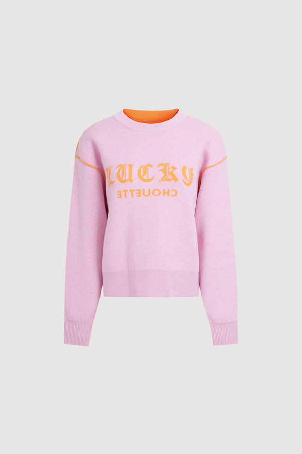 LUCKY CHOUETTE - 스웨터 - Reversible Lettering Round Neck Knit Pullover (pink)