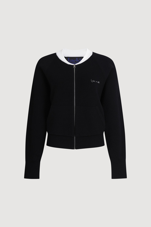 LUCKY CHOUETTE - 가디건 - Slim Fit Zip up Knit Cardigan (black)