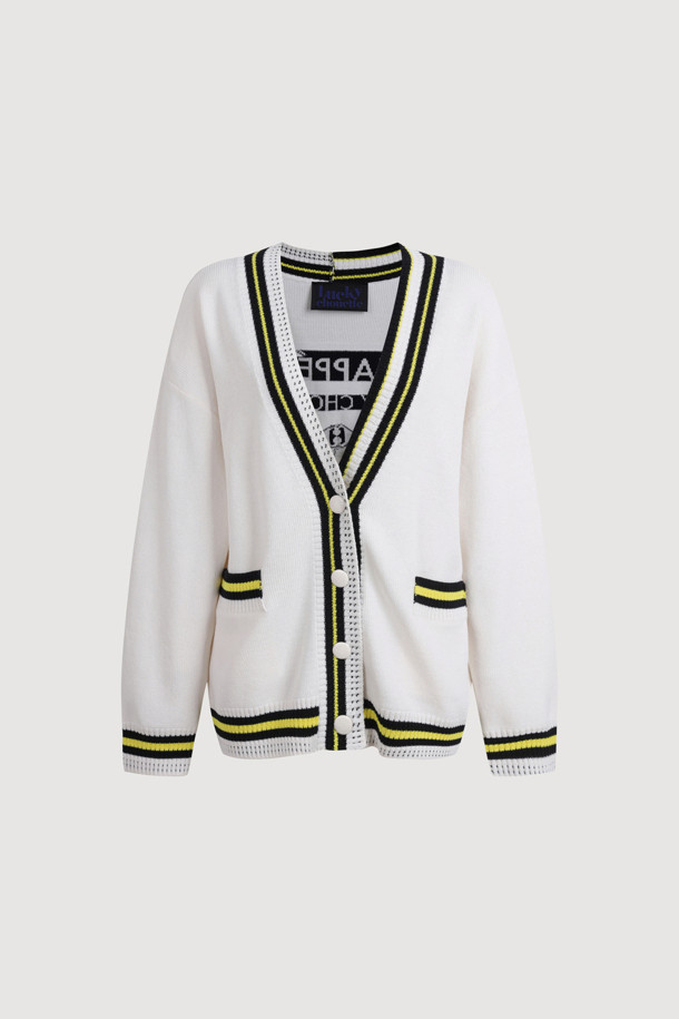 LUCKY CHOUETTE - 가디건 - Color Line Back Lettering Knit Cardigan (ivory)