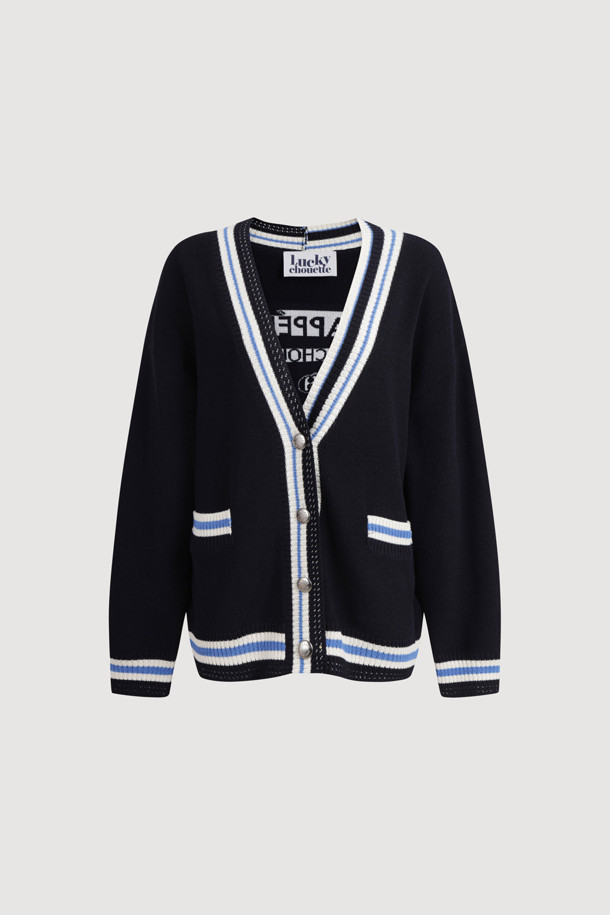 LUCKY CHOUETTE - 가디건 - Color Line Back Lettering Knit Cardigan (dark navy)