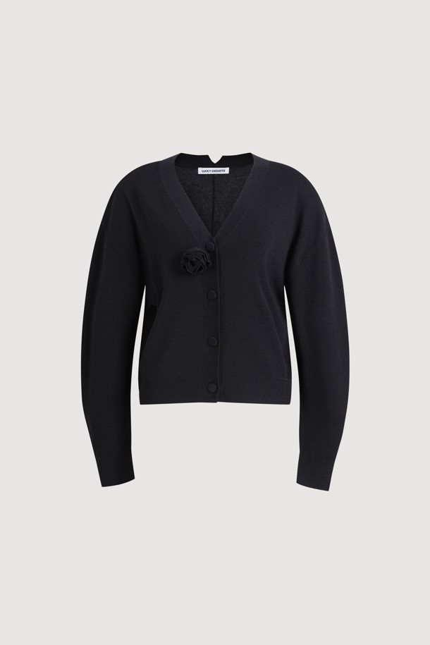 LUCKY CHOUETTE - 가디건 - Double Emblem Embroidery V Neck Knit Cardigan (black)