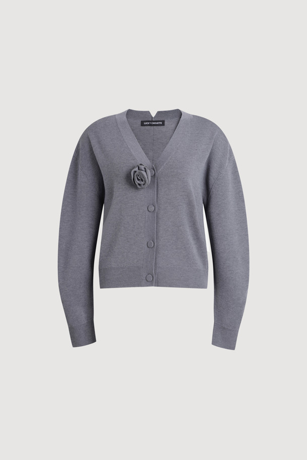 LUCKY CHOUETTE - 가디건 - Double Emblem Embroidery V Neck Knit Cardigan (melange grey)