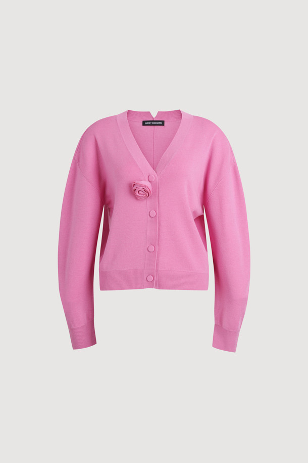 LUCKY CHOUETTE - 가디건 - Double Emblem Embroidery V Neck Knit Cardigan (pink)