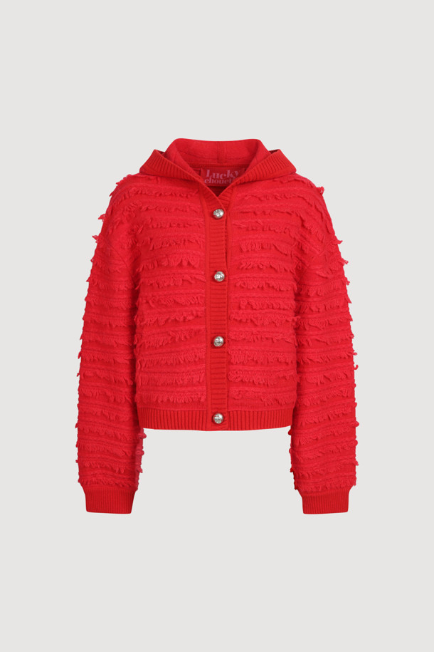 LUCKY CHOUETTE - 가디건 - [Holiday Edition] Loop Tissue Hoodie Knit Cardigan (red)