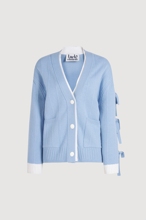 LUCKY CHOUETTE - 가디건 - Sleeve Ribbon Detail V-Neck Cardigan (blue)