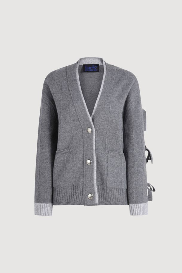 LUCKY CHOUETTE - 가디건 - Sleeve Ribbon Detail V-Neck Cardigan (melange grey)