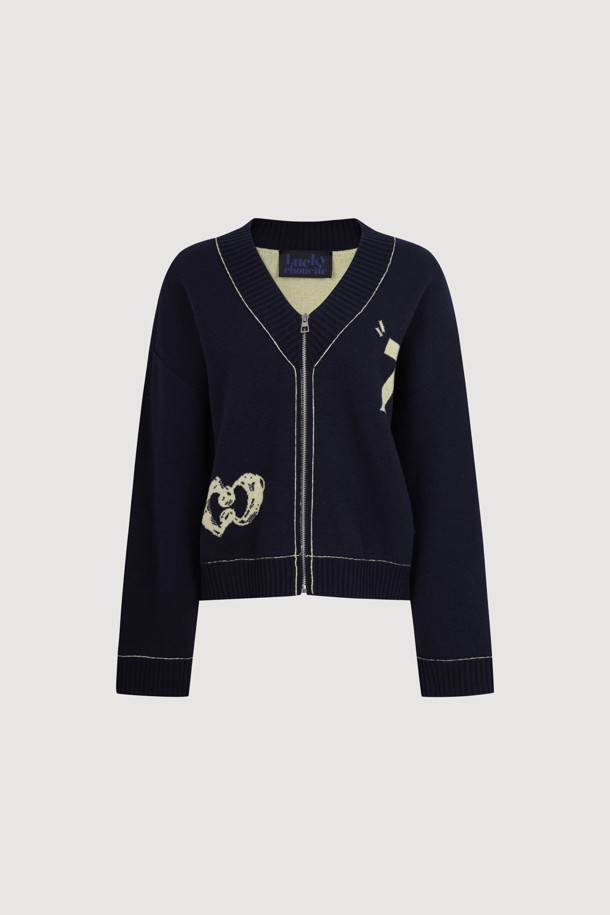 LUCKY CHOUETTE - 가디건 - V-neck Zip-up Knit Cardigan (dark navy)