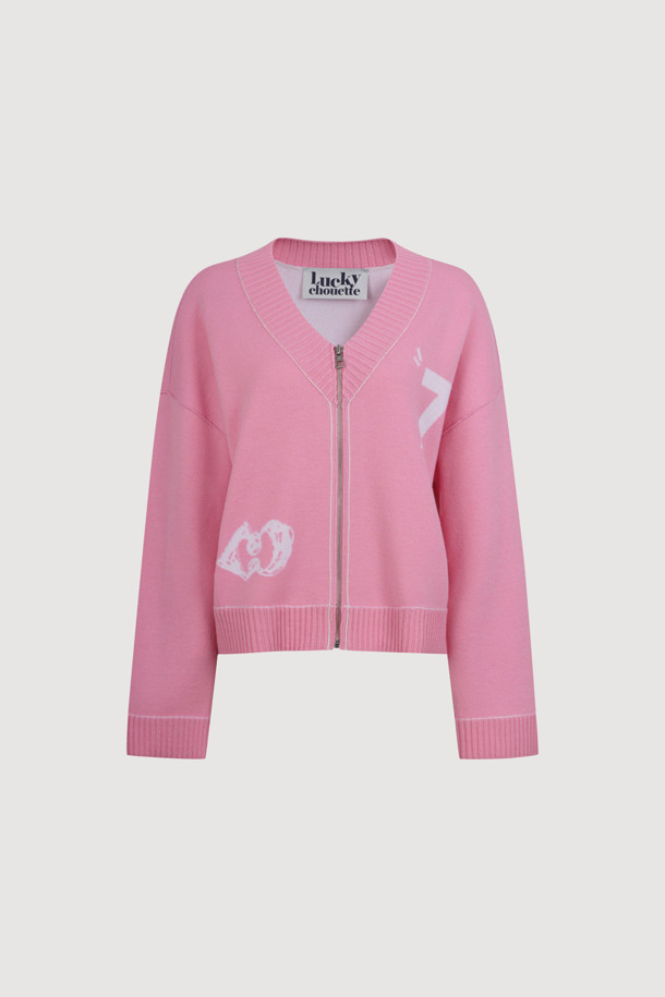 LUCKY CHOUETTE - 가디건 - V-neck Zip-up Knit Cardigan (pink)