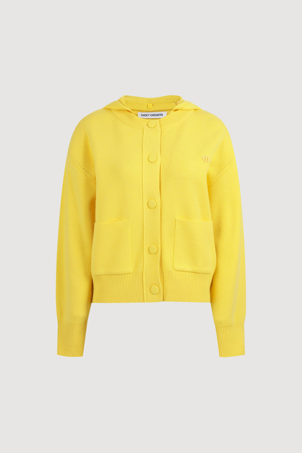 LUCKY CHOUETTE - 가디건 - Detachable Hooded Round Neck Knit Cardigan (yellow)