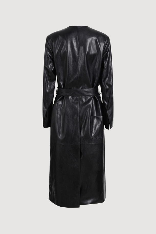 LUCKY CHOUETTE - 코트 - Fake Leather Long Fabric Belt Coat (black)