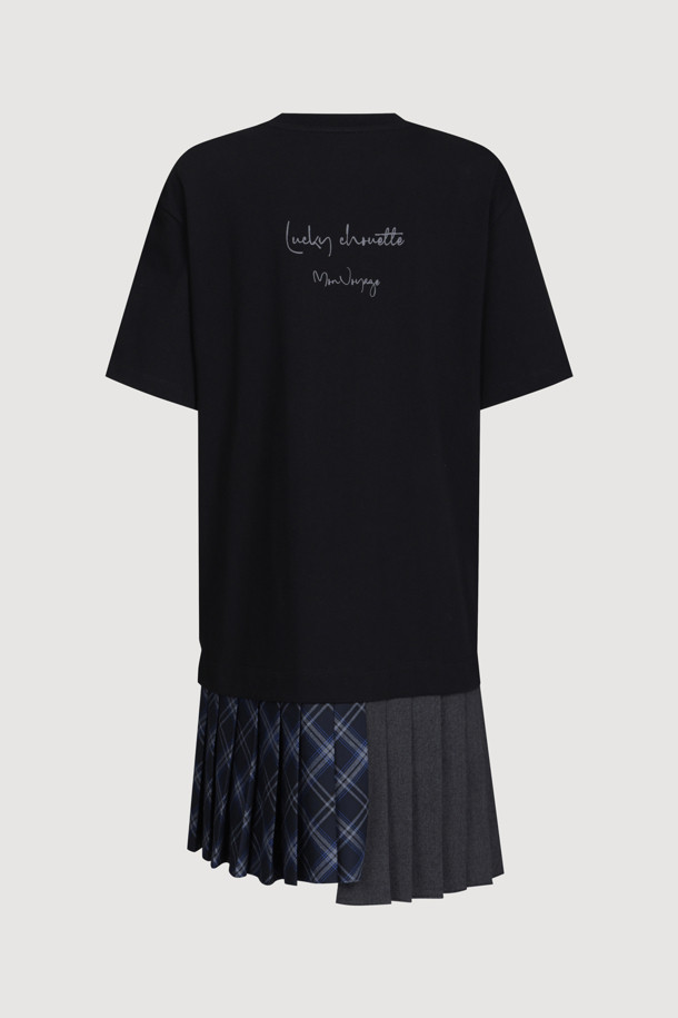 LUCKY CHOUETTE - 반소매 원피스 - Pleats Texture Block Half Sleeve Jersey Dress (black)