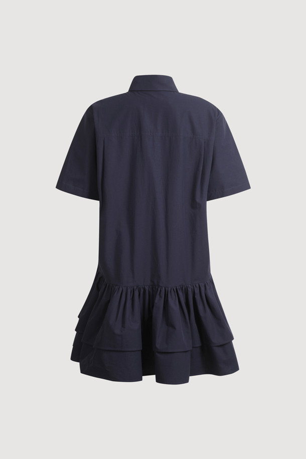 LUCKY CHOUETTE - 반소매 원피스 - Hem Frill Half Sleeve Cotton Shirt Dress (dark navy)