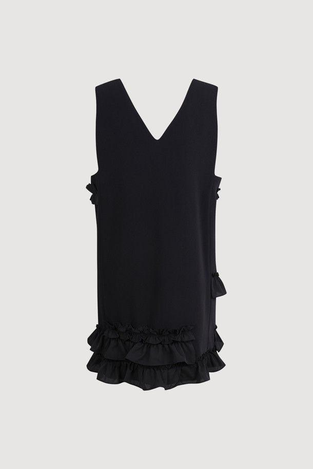 LUCKY CHOUETTE - 민소매 원피스 - Frill-decorated V-neck Mini Dress (black)