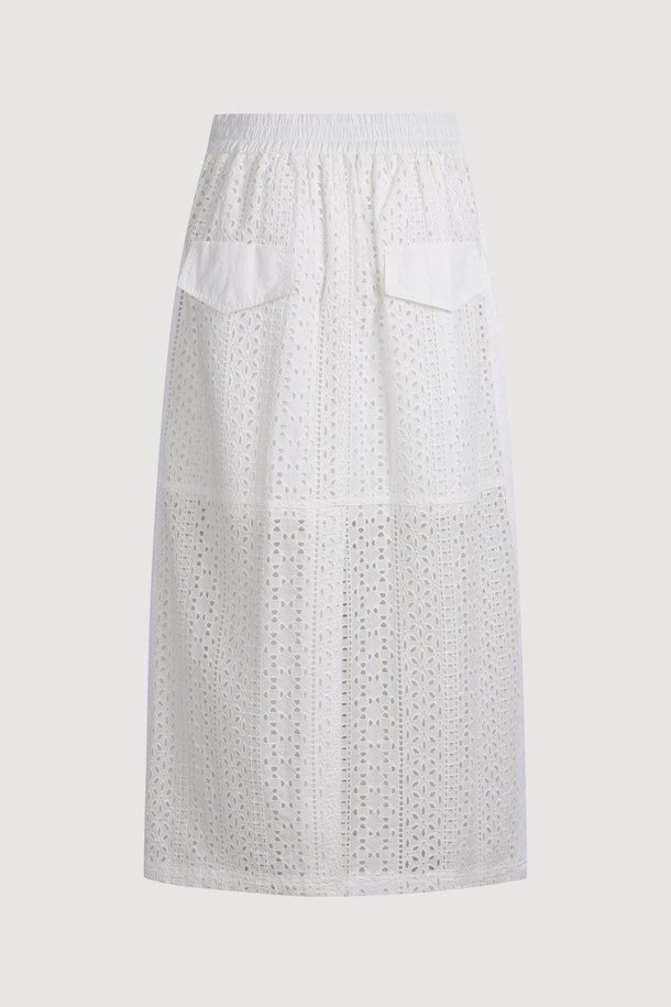 LUCKY CHOUETTE - 롱스커트 - [Atelier] Eyelet Lace Back Banding Long Skirt (white)