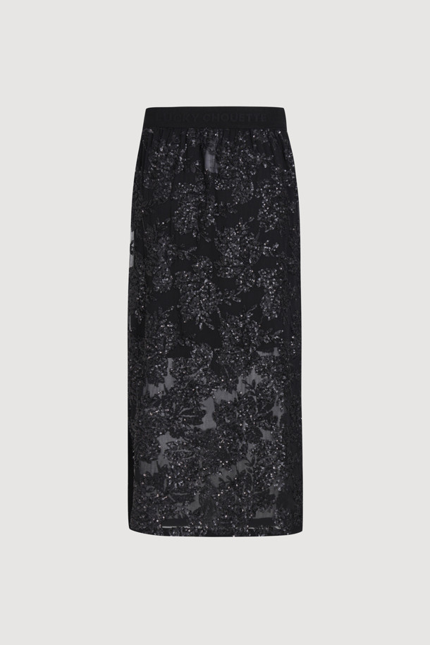 LUCKY CHOUETTE - 롱스커트 - [Holiday Edition] Spangle Long Banded Waist Skirt (Under Skirt Set) (black)