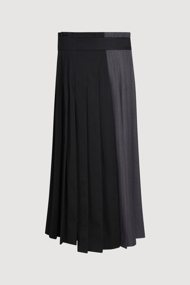 LUCKY CHOUETTE - 롱스커트 - Solid Stripe MIX Pleated Long Skirt (black)