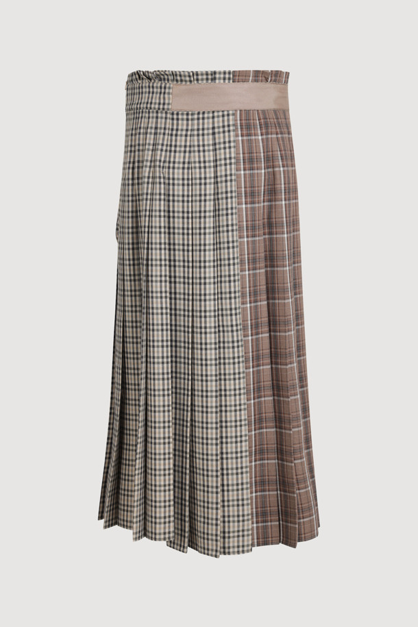 LUCKY CHOUETTE - 롱스커트 - Checkered MIX Pleated Long Skirt (beige)