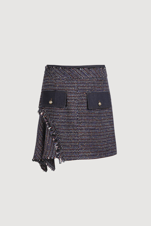 LUCKY CHOUETTE - 미니스커트 - Denim Patch Tweed Midi Skirt (dark navy)