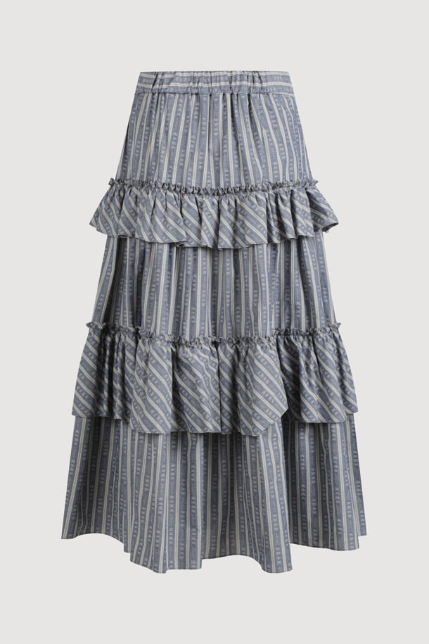 LUCKY CHOUETTE - 롱스커트 - Shirring Stripe Back Banding Long Skirt (blue)