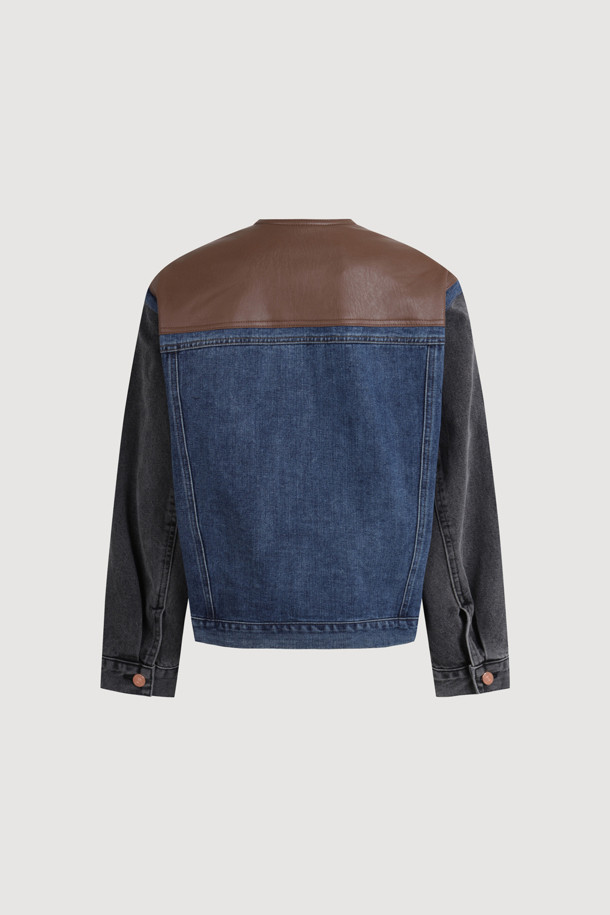 LUCKY CHOUETTE - 자켓 - [Re-Order] Fake Leather Color Block Denim Jacket (blue)