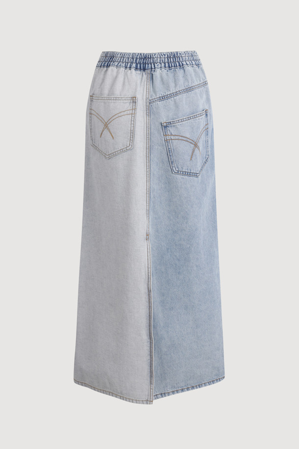 LUCKY CHOUETTE - 롱스커트 - Back Banding Color Block Long Denim Skirt (blue)