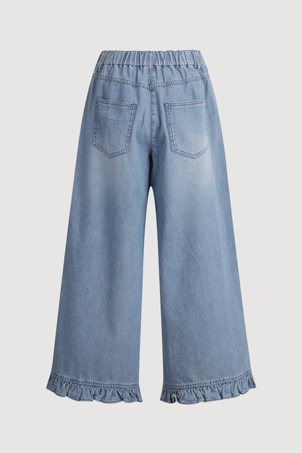 LUCKY CHOUETTE - 롱/미디팬츠 - [Re-Order] Hem Frill Back Banding Wide Denim Pants (blue)