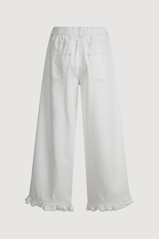 LUCKY CHOUETTE - 롱/미디팬츠 - Hem Frill Back Banding Wide Denim Pants (white)