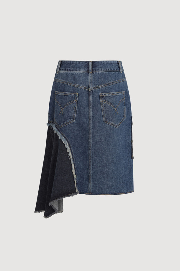 LUCKY CHOUETTE - 데님 - Color Block Asymmetric Denim Skirt (blue)