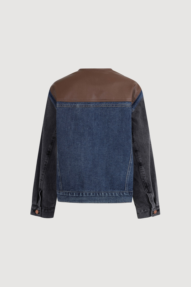 LUCKY CHOUETTE - 점퍼 - Fake Leather Color Block Denim Jacket (blue)