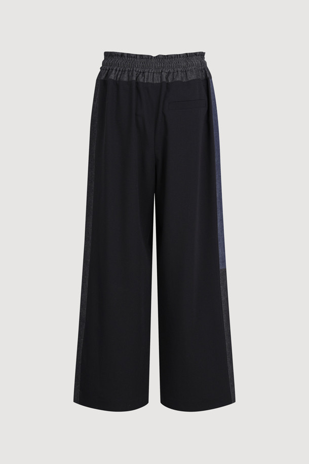 LUCKY CHOUETTE - 롱/미디팬츠 - Waist Color Banding Wide Pants (black)