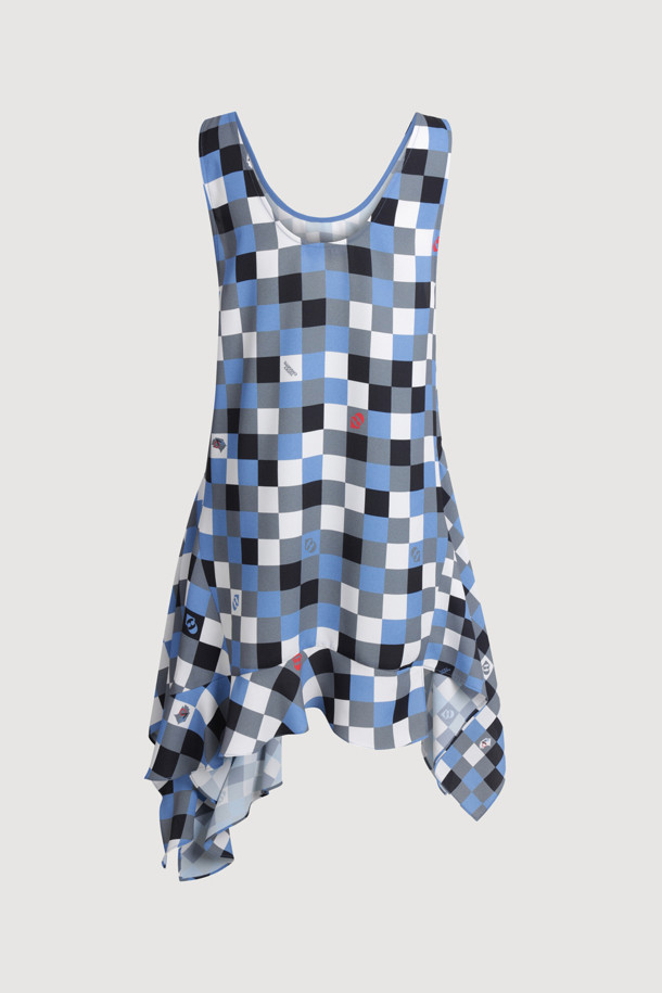 LUCKY CHOUETTE - 블라우스 - Check Print MIX Sleeveless Blouse (blue)