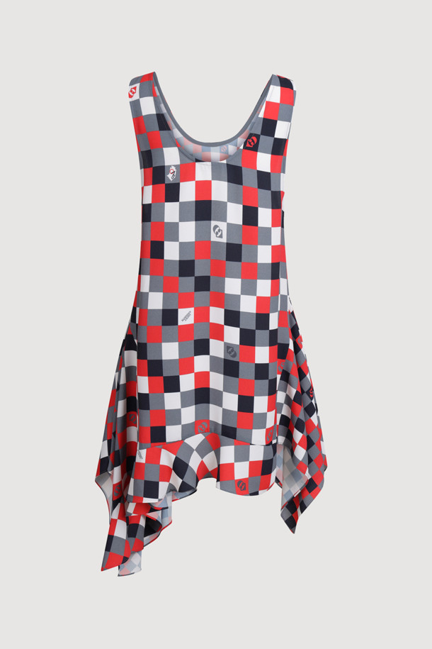 LUCKY CHOUETTE - 블라우스 - Check Print MIX Sleeveless Blouse (red)