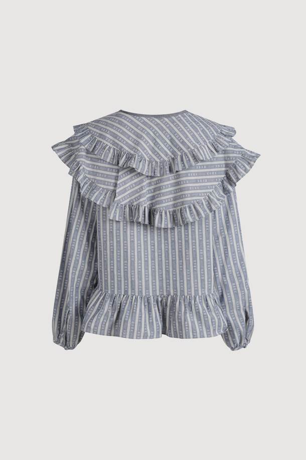 LUCKY CHOUETTE - 블라우스 - Frill Point Stripe Long Sleeve Blouse (blue)