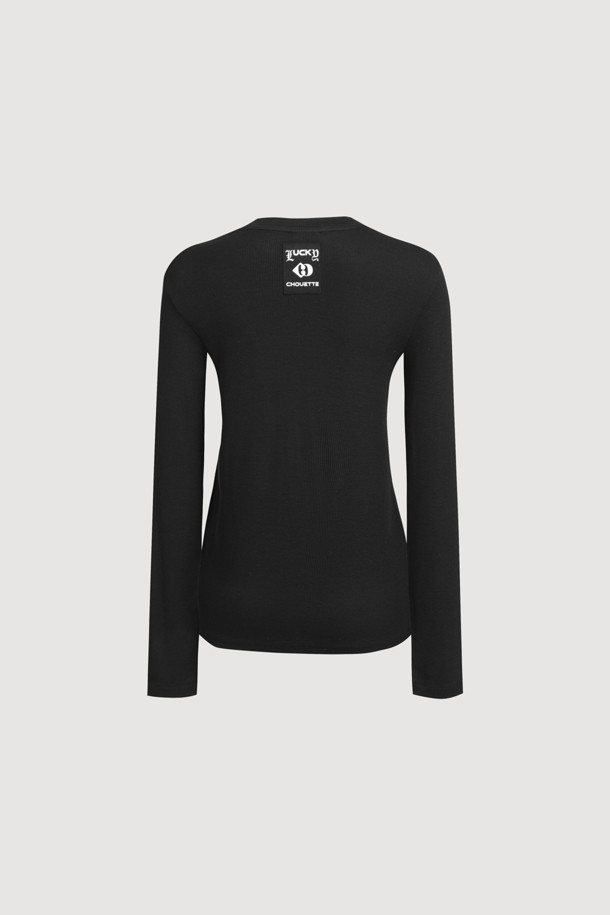 LUCKY CHOUETTE - 긴소매 티셔츠 - Embroidered Point Rib Long-sleeve T-shirt (black)