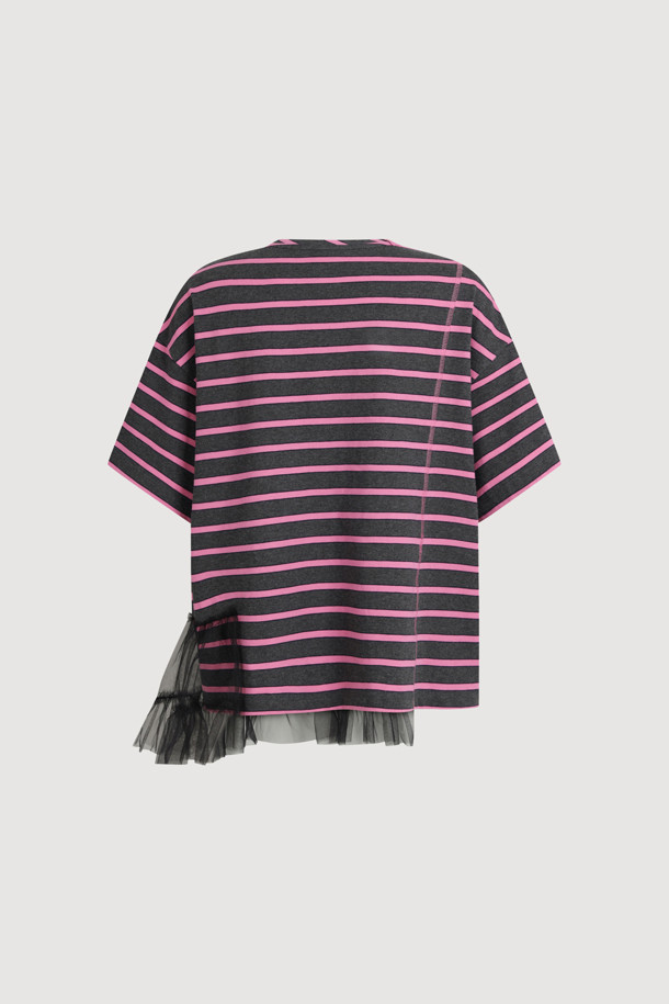 LUCKY CHOUETTE - 반소매 티셔츠 - Mesh Stripe Half Sleeve T-shirt (dark grey)