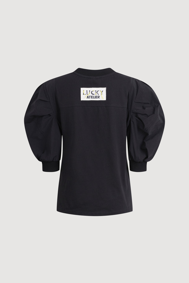 LUCKY CHOUETTE - 반소매 티셔츠 - [Atelier] Back Embroidery Point Woven Sleeve T-shirt (black)