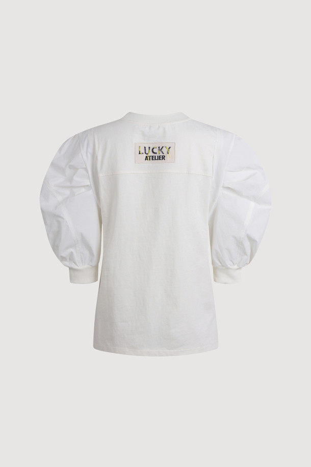 LUCKY CHOUETTE - 반소매 티셔츠 - [Atelier] Back Embroidery Point Woven Sleeve T-shirt (ivory)