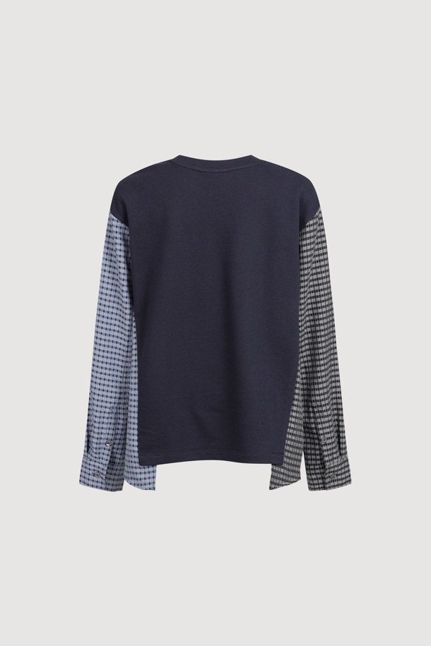 LUCKY CHOUETTE - 긴소매 티셔츠 - Checkered Sleeve MIX Long-Sleeved T-Shirt (dark navy)