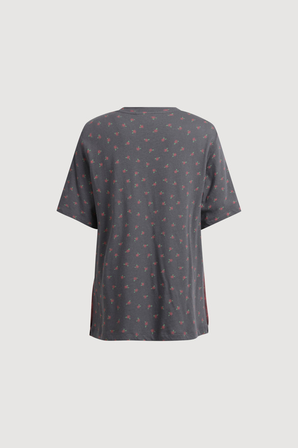 LUCKY CHOUETTE - 반소매 티셔츠 - Flower Print Basic Half Sleeve T-shirt (dark grey)