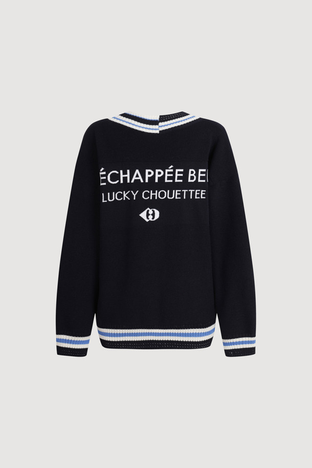 LUCKY CHOUETTE - 가디건 - Color Line Back Lettering Knit Cardigan (dark navy)