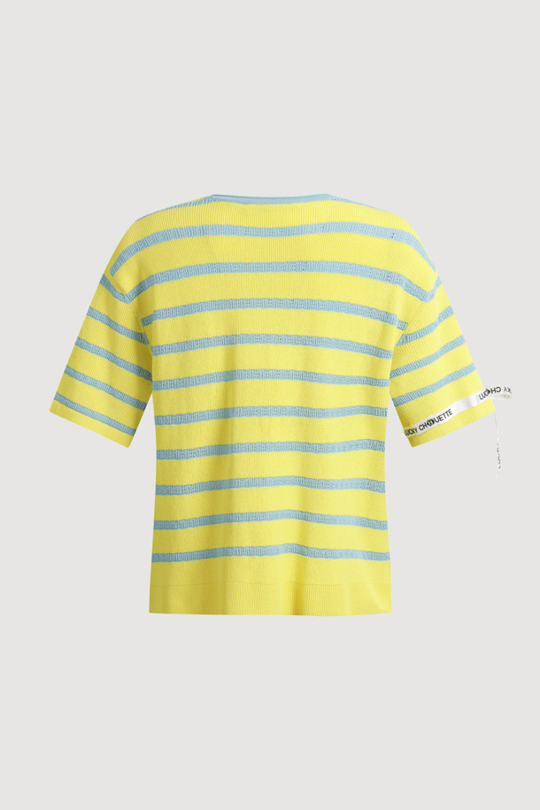 LUCKY CHOUETTE - 가디건 - Stripe Ribbon Half Sleeve Knit Cardigan (yellow)