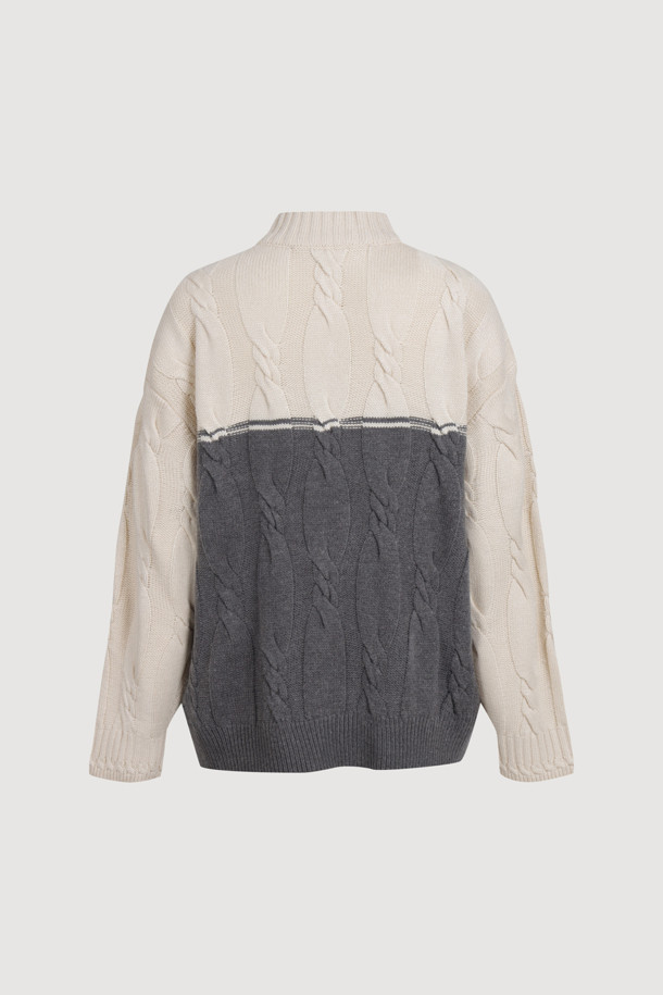 LUCKY CHOUETTE - 가디건 - Half Colored Cable Jumper-Type Knit Cardigan (ivory)